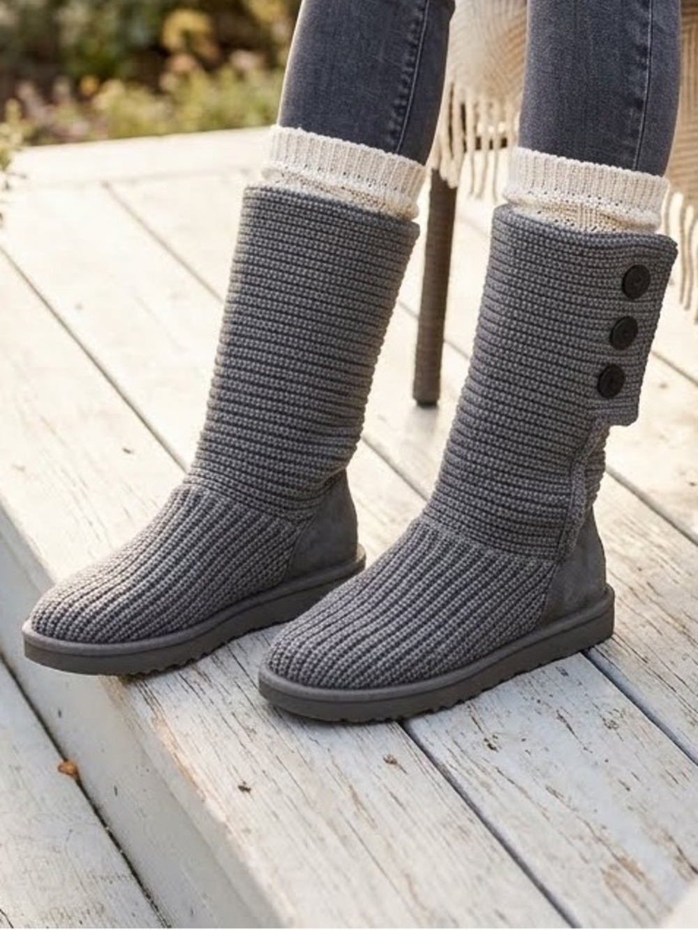 UGG Classic Cardy Boots Grey Tall Knit Wool Blend Slouchy Button Size 10